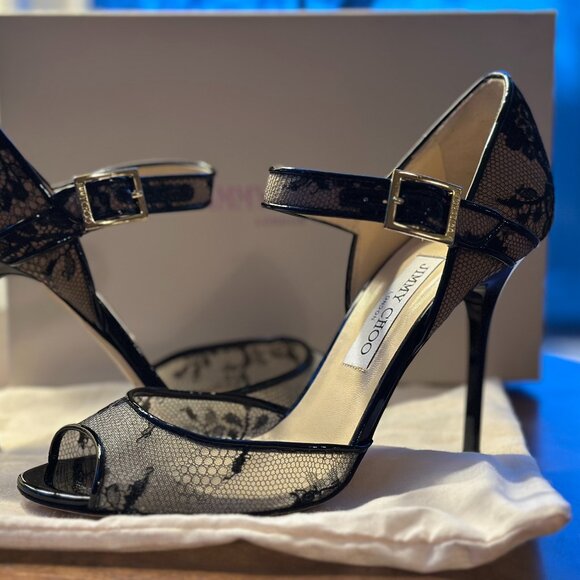 Jimmy Choo Patent Black Lace Articolo Peep-toe Size 38.5 (Women's 8) - Picture 1 of 8